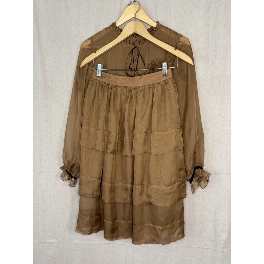 Huong Boutique Blouse Tiered Skirt Set‎ Women Small Brown Black Dainty Academia